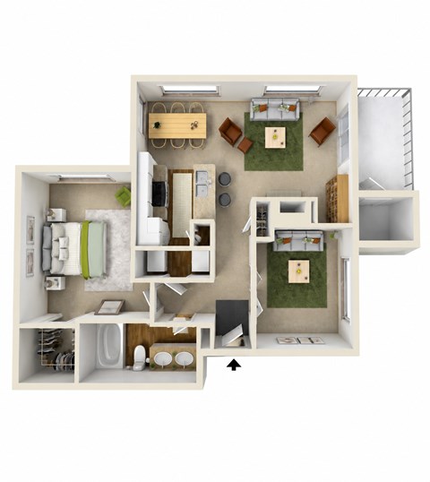 Floor plan for 1 bed, 1 bath, 912 sqft